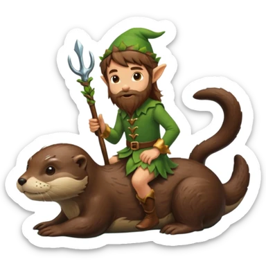 tiny forest elf man long brown hair beard riding an otter sticker