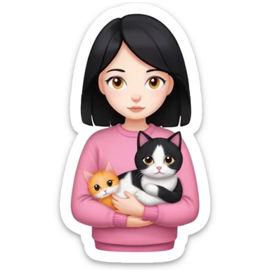 girl with black hair holding a tri-colored cat (black, orange, white) wearing a pink sweater sticker