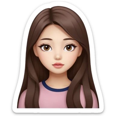 “korean straight long brown hair Emoji girl, soft eyeliner and blush, gradient lips, light brown shimmer eyeshadow sticker