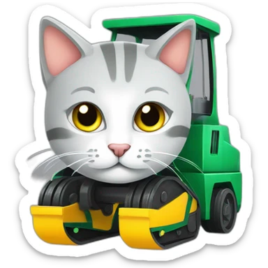 Gatito gris con ojos verdes sobre una excavadora color amarilla sticker