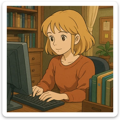 brown-eyed blonde young woman working on a computer in a cozy office sticker