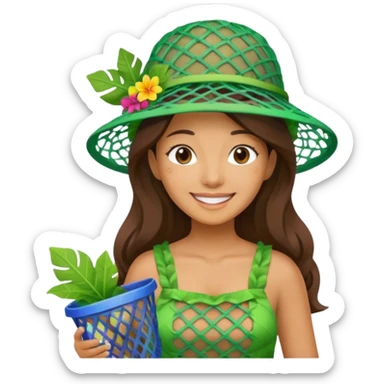 Hawaiian woman with leaf hat and big trash net and colorful cloth sticker