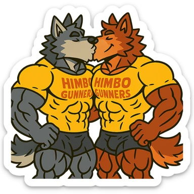 two super buff wolf furries in matching 'Himbo gunners' t-shirts, kissing, happy and confident, exaggerated muscle definition, detailed fur and anatomy, ultra high quality sticker