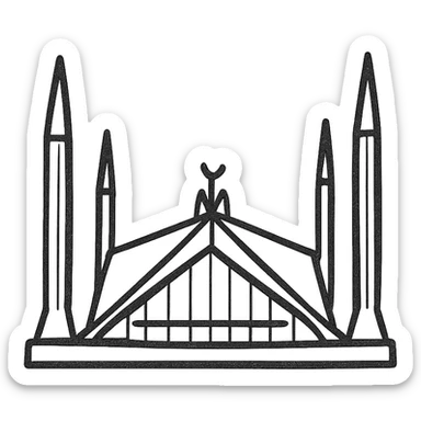 Faisal Mosque, stylized with bold outlines and minimal color, emphasizing unique triangular roof and minarets sticker