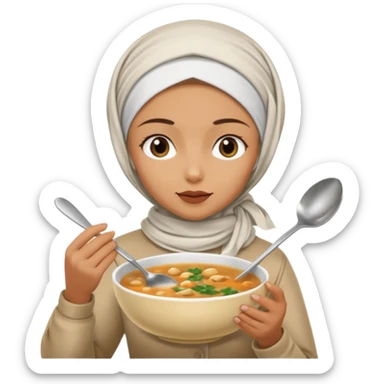 a woman wearing a headscarf is eating while holding a spoon sticker