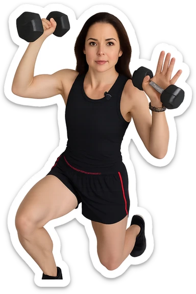 Allenamento ad alta intensità donna mentre fa pesi con in mano due manubri sticker