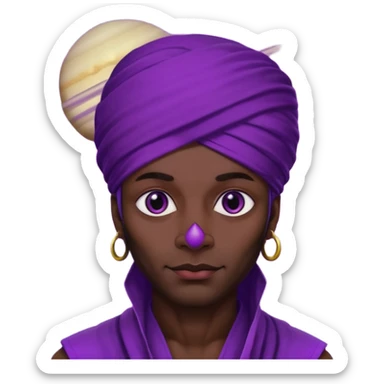 Con el planeta Saturno 🪐 (esto tiene que ser el elemento más importante) , un moro con turbante 👳🏾‍♂️ y la cara del diablo morada esta 😈. Centrate en el planeta Saturno , que se vea claramente con su anillo  y dentro el moro  sticker