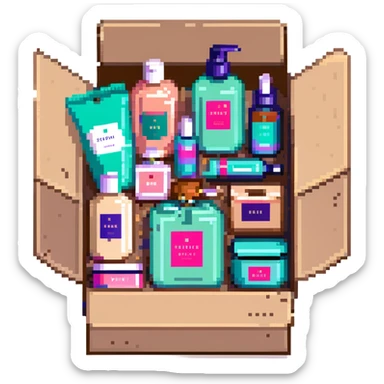 Gift bag with beauty products (shampoo, creams, styling products), a gift bag is beautyful open box full of luxury brand-labeled beauty products sticker