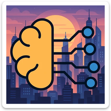 Add a futuristic city background, keep the brain with circuit lines as the main subject, maintain color outline style sticker