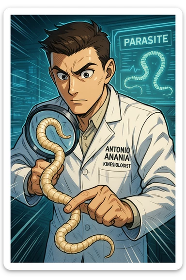 A dynamic manga/webtoon-style illustration of a young male kinesiologist wearing a clean white lab coat, analyzing light beige worms like a tapeworm under a magnifying glass. His expression is focused and slightly intrigued, with sharp, detailed eyes. The art style is vibrant, with bold linework, rich colors, and dramatic lighting. The background is a futuristic laboratory with glowing holographic screens displaying parasite data. The tapeworm is intricately drawn, slimy and segmented, with a slightly exaggerated yet realistic texture. The composition is dynamic, with motion lines or energy effects to emphasize his scientific investigation. The atmosphere is intense but not dark, keeping a balance between scientific seriousness and stylish manga aesthetics, he has "ANTONIO ANANIA" WRITTEN ON WHITE LAB COAT sticker