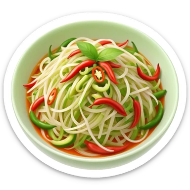 Cinematic Realistic Som Tam (Papaya Salad) Dish Emoji, featuring a spicy, tangy salad of shredded green papaya with chili and lime rendered with crisp textures and bright, lively lighting. sticker