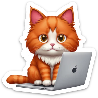 Red cat sitting in front of a laptop sticker