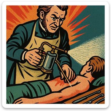 A victorian surgeon like Joseph Lister using a carbolic acid spray during an operation on a patient's arm. The spray is being aimed at the arm being operated on. The patient is on a wooden operating table. There are surgical tools on a bench to the side. sticker