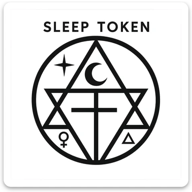 geometric Sleep Token logo with subtle occult symbols, modern style, black and white sticker