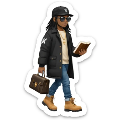 African American man with shoulder length black dreadlocks and black sunglasses wearing a black New York Yankees baseball hat wearing a black bubble winter coat with denim skinny jeans and timberland boots waking with a bible in hand sticker
