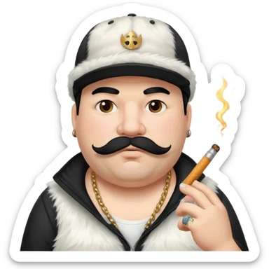a fat father with white fur, black hair, a hip hop cap, a tattoo with a cigarette in his mouth, and a mustache. sticker