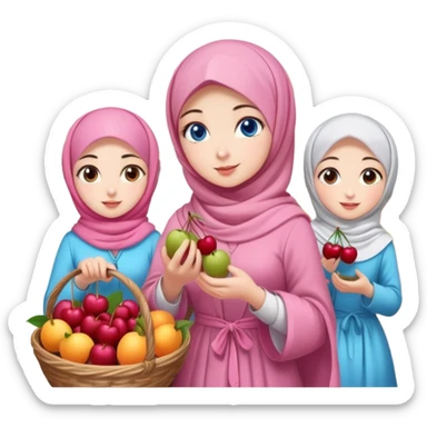 Turkish beautiful finish Konya girls blue eyes with lovely cherry blossom hijab long tail dress and the friends shopping in a market fruits sticker