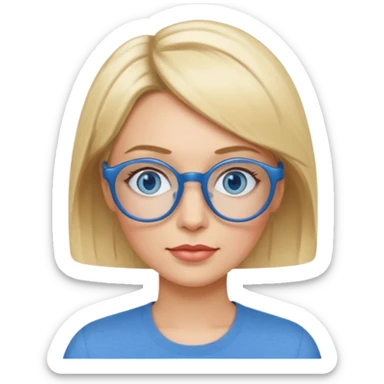femme 40 ans cheveux extremement courts blond avec raie sur le coté, yeux bleu et lunettes rondes bleues sticker