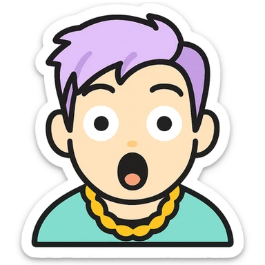 Edit the emoji to have pastel tone colors, add a gold chain necklace as an accessory, and give a surprised expression. The style should be minimalistic with bold lines, bright colors, and playful, resembling an emoji style with no background. sticker
