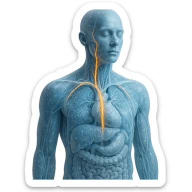 realistic human body with vagus nerve highlighted, anatomical details, vagus nerve path clearly visible, cold effect with ice crystals and blue light, transparency showing internal organs, neutral background sticker