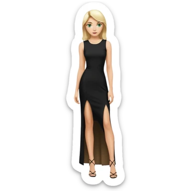 Blonde woman, Green eyes,Long black tight sleveless Dress, Slot left leg sticker
