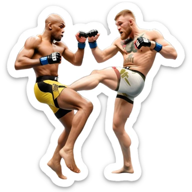 An MMA showdown between Conor McGregor and Anderson Silva in the octagon. McGregor is preparing a striking kick, while Silva is in a defensive stance. The background features the UFC octagon with cheering fans and intense energy. Transparent background  sticker
