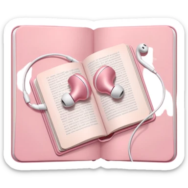  pink Pink Apple-style earbuds lying on an open book, soft pastel tones, cozy and minimal aesthetic, realistic lighting and shadows, top-down view, transparent background" sticker