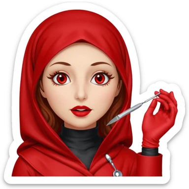 Lilith scalpel in hand, evil surgeon outfit.  She has red eyes. She has dark brown curly hair. Hair is long . Wears sexy doctor outfit with red gloves. Covers nose, neck and mouth with Muslim red burka sticker