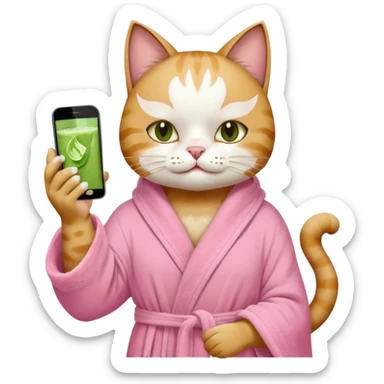 I want a CAT whit a iced macha on her paw and i want her to ne wearing a pink bath rope And she will have a  white face mask on her face and phone on the opisite paw whit the macha sticker