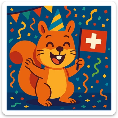 happy squirrel at a party, confetti everywhere, proudly displaying a Swiss flag, fun and energetic sticker