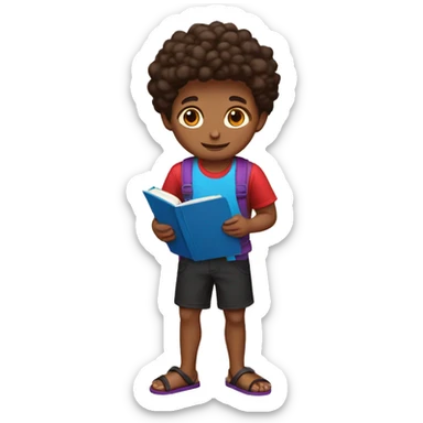 a brown boy in a red and black shirt, blue shorts and wearing sandals, holding a purple book sticker