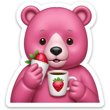 A pink bear is holding a strawberry and drinking coffee with a transparent background in a teenager hand-drawn style. sticker