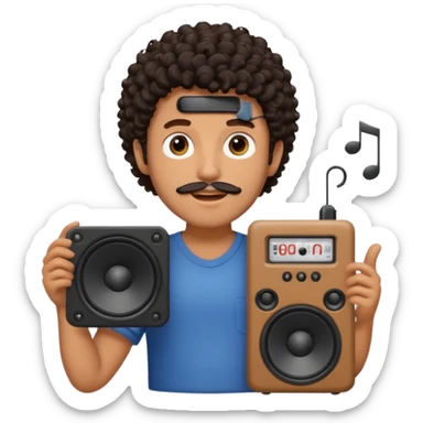 Boy with tanned skin, dark curly hair, a bit of a beard, and a music speaker in his hand. sticker