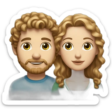 Couple, white European man with brown curly hair, blue eyes and chubby white woman with long light brown curly hair and green eyes sticker