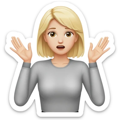 blonde woman standing straight up with her two hands up chocking herself sticker