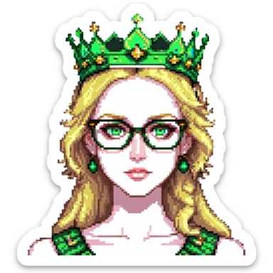 beautiful princess with blonde hair, striking green eyes, wearing glasses and a crown sticker