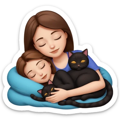 white girl with brown hair sleeping cuddling two black cats emoji style sticker