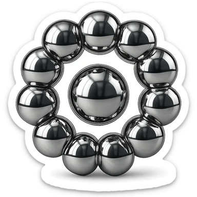 stylized chrome arrangement of spheres forming a ring, all connected, with a central chrome sphere, futuristic and shiny, no background sticker