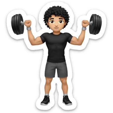 full body view of muscular teen boy with veiny hands arms and biceps. has messy black curly hair with dark-tan skintone with black tshirt sticker