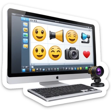 Create an emoji of video editing. Should feature a video editing timeline or interface on a computer screen, showing clips and a playhead. Include a video camera and editing tools. No any smiley faces in emoji. Make the background transparent. sticker