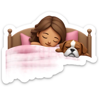 Sleeping girl in pink bed with meshed brown hair and bulldog sticker