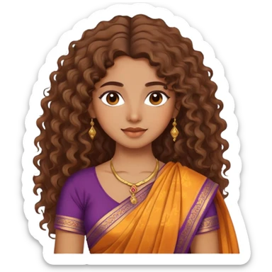 pretty brown girl with frizzish ,churlish, wavy hair light make up wearing a sari sticker