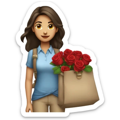 A girl named Ankita write her name in her shirt carrying a bag and she hold a red rose  sticker