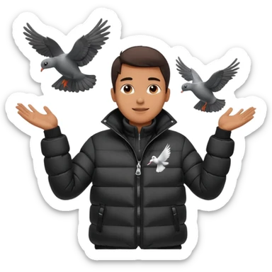 puffer shiny black jacket man open arms looking at a flying pigeon sticker