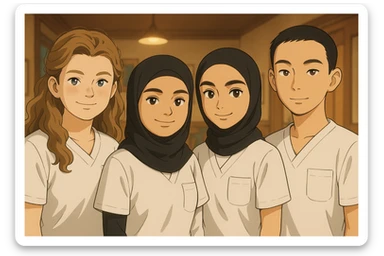 Variante 4 : Quatre étudiants infirmiers côte à côte, ambiance chaleureuse, en intérieur, style Ghibli, tenues uniformes blanches à manches courtes sans col, sans sous-pull ni stéthoscopes. Hauts de type tunique médicale, col en V, poche poitrine côté gauche. Visages et attitudes inspirés des quatre photos jointes, composition différente. sticker