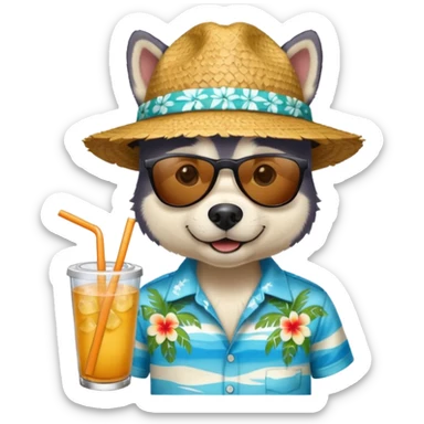 hasky with sunglasses and straw hat, hawaii shirt sticker