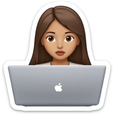 Glamour, plump lips, beautiful sexy girl, with long straight brunette hair, with laptop sticker