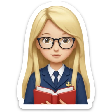Girl student wearing uniform, glasses, hold book in front of their chest, blonde long straight hair, white skin sticker