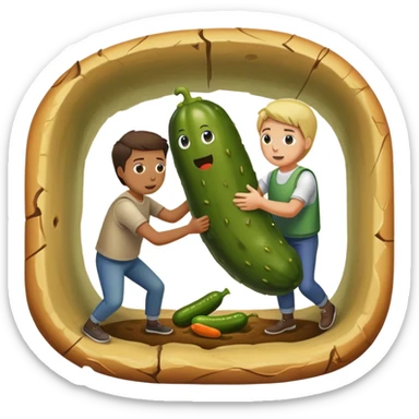 person pulling someone else dressed in a pickle out of a hole and saving them sticker