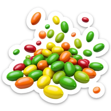 minimalist colorful Skittles candy pack with green candies spilling out sticker